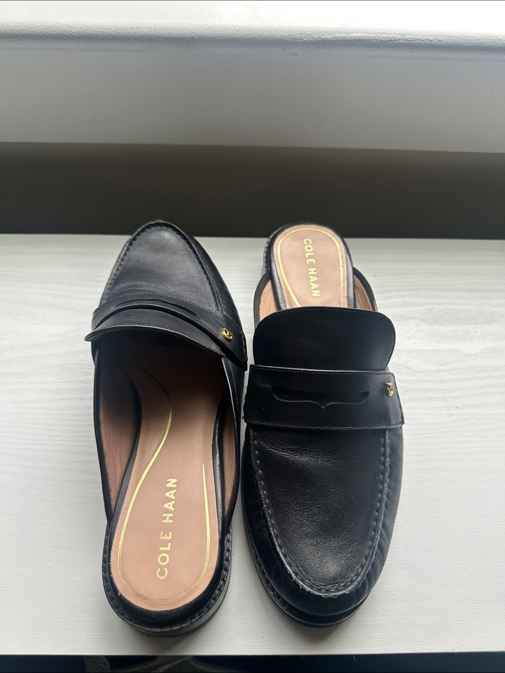 Cole Haan Lux Pinch Penny Loafer Mules – Black Leather – Size 9.5